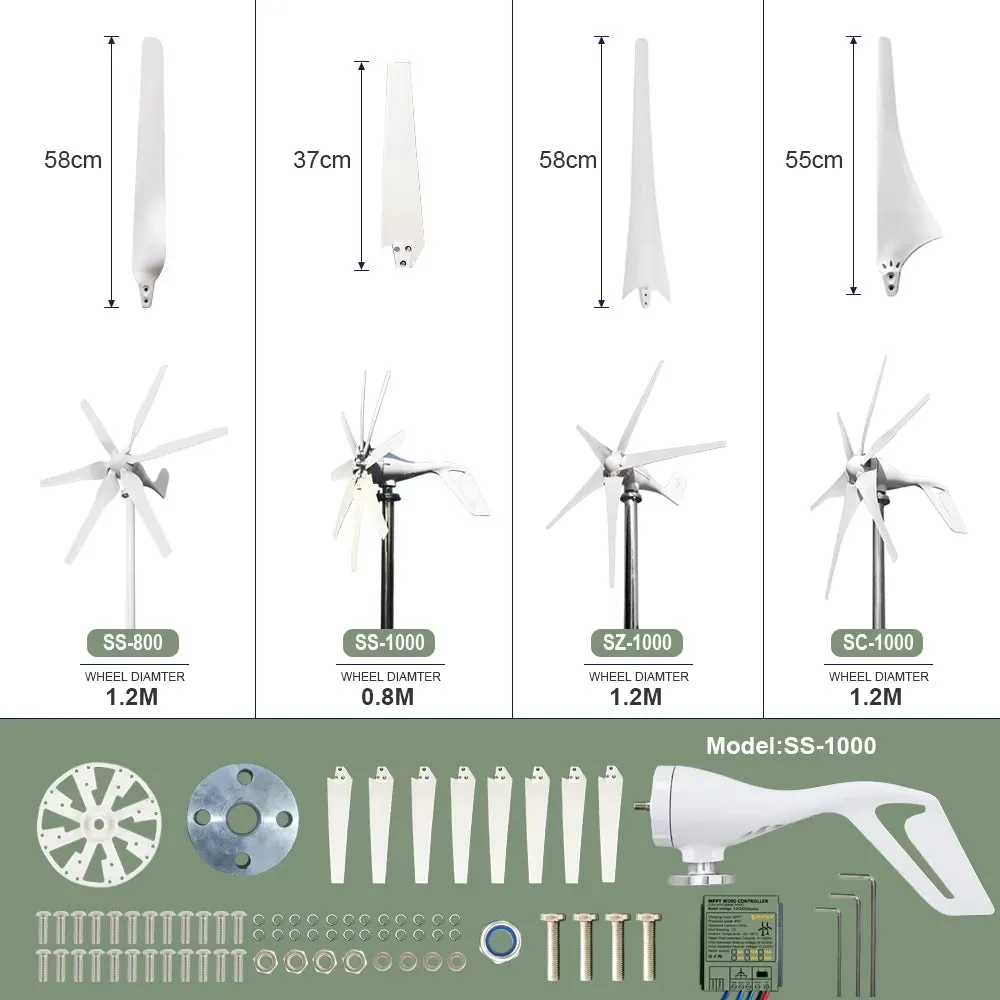 1000W Wind Power Turbines Generator 12V 24V Windmill Generator for Boat with MPPT Controller Low Noise Low Wind Speed Start