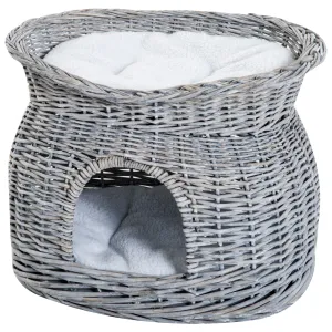 2-Tier Wicker Cat House with Washable Cushions, 56L cm - Grey