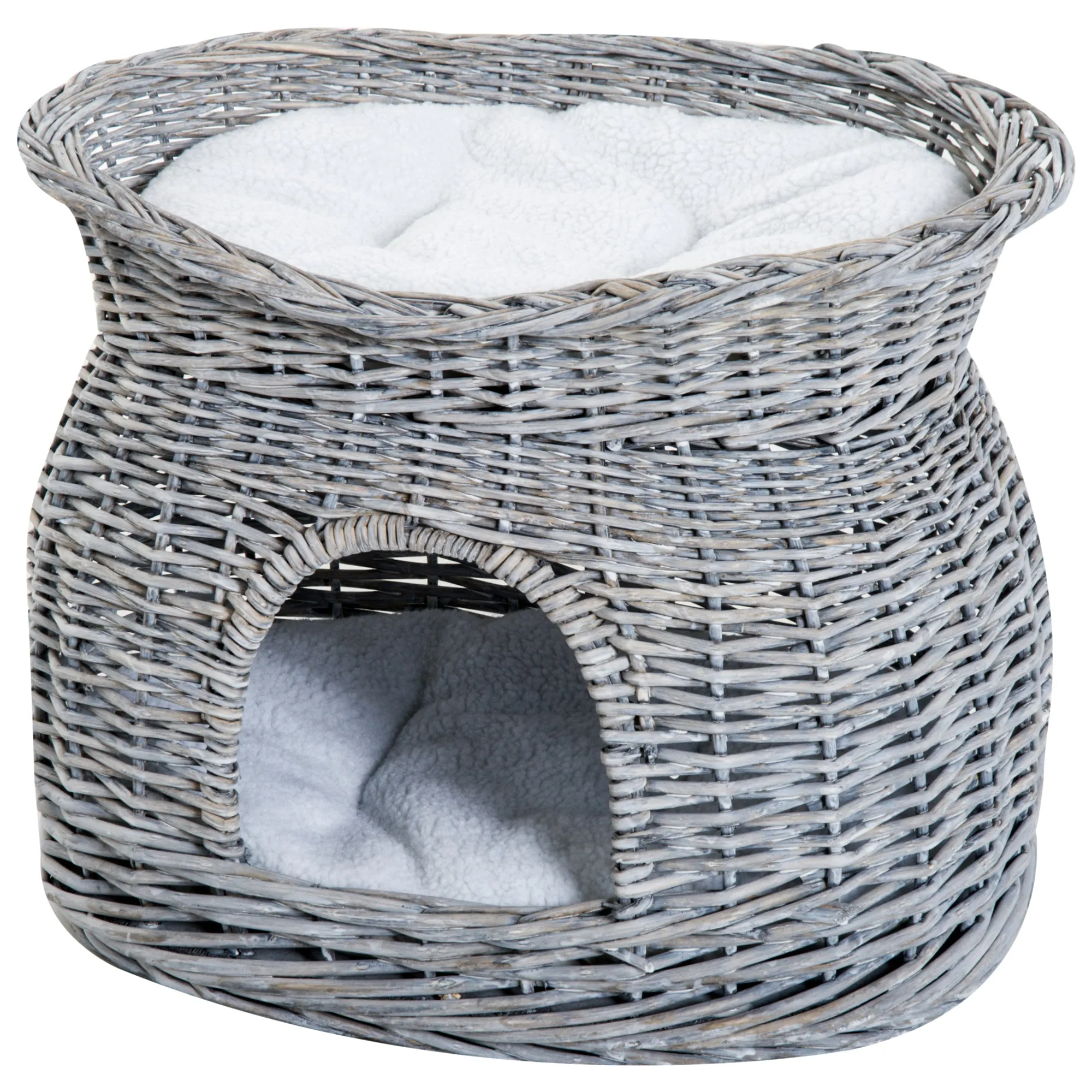 2-Tier Wicker Cat House with Washable Cushions, 56L cm - Grey