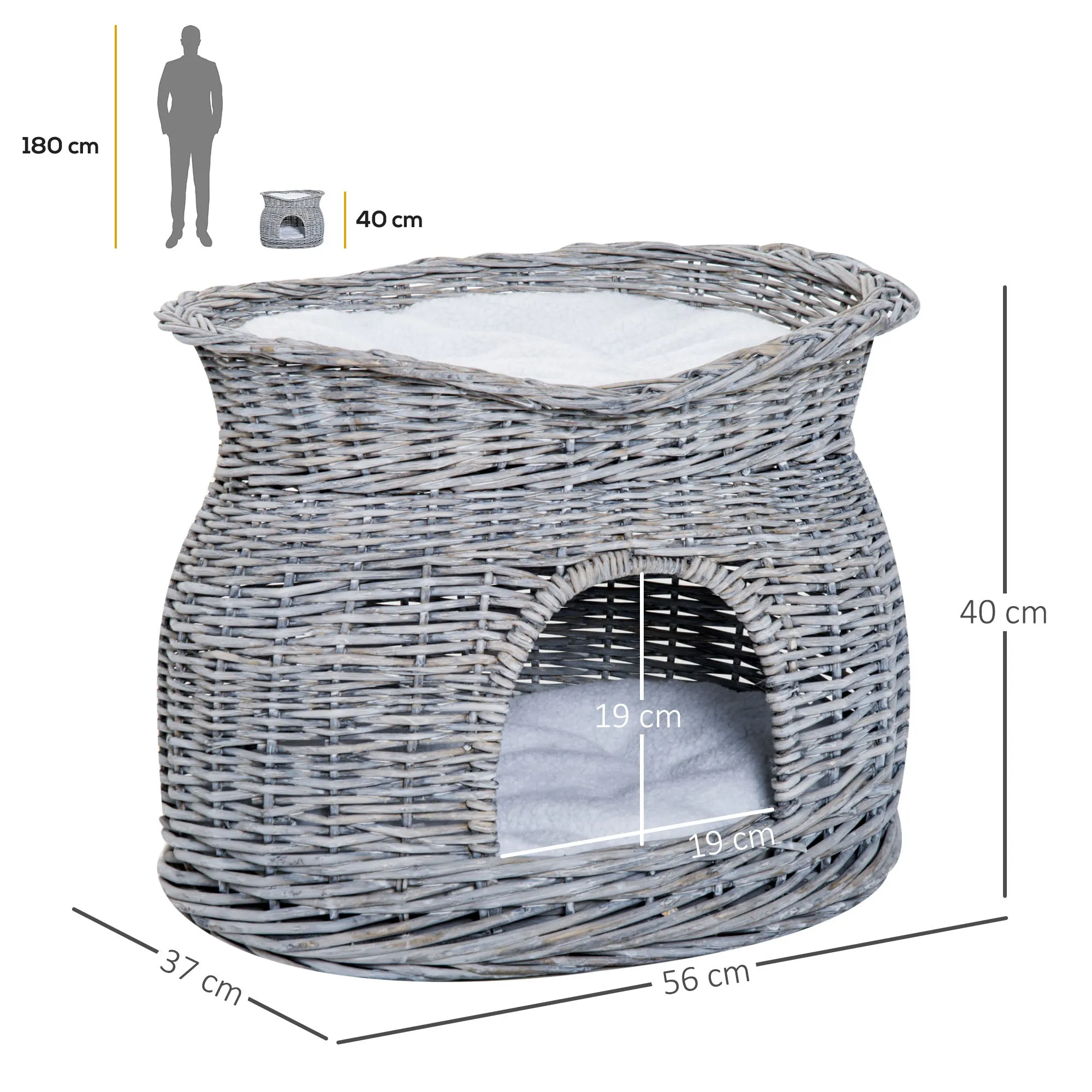 2-Tier Wicker Cat House with Washable Cushions, 56L cm - Grey