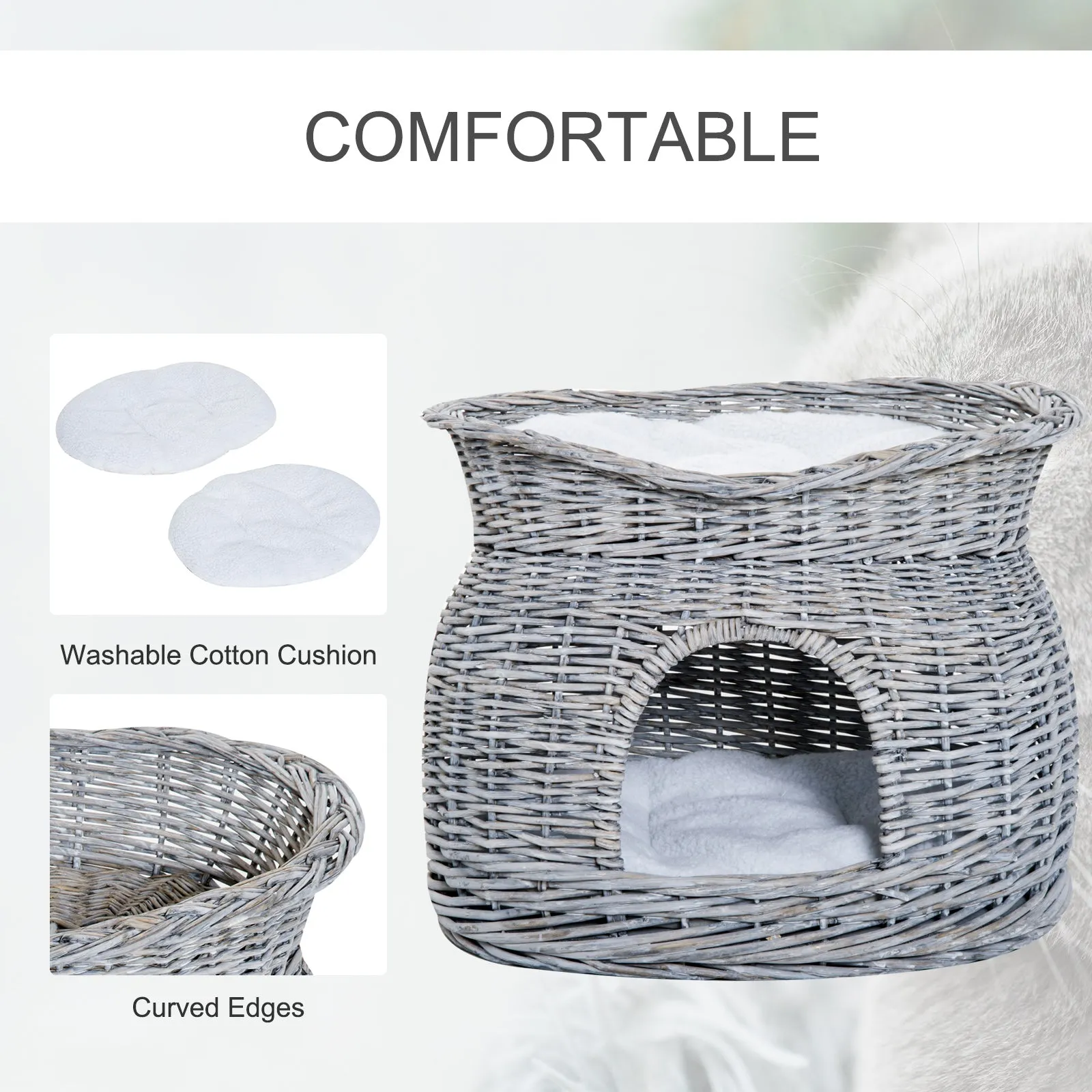 2-Tier Wicker Cat House with Washable Cushions, 56L cm - Grey