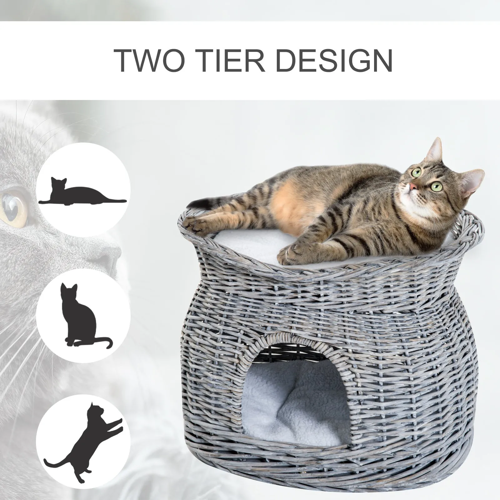 2-Tier Wicker Cat House with Washable Cushions, 56L cm - Grey
