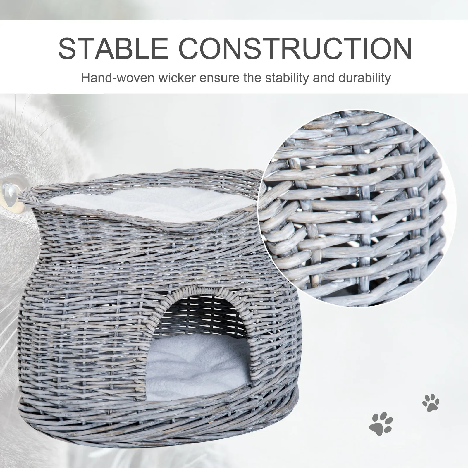2-Tier Wicker Cat House with Washable Cushions, 56L cm - Grey