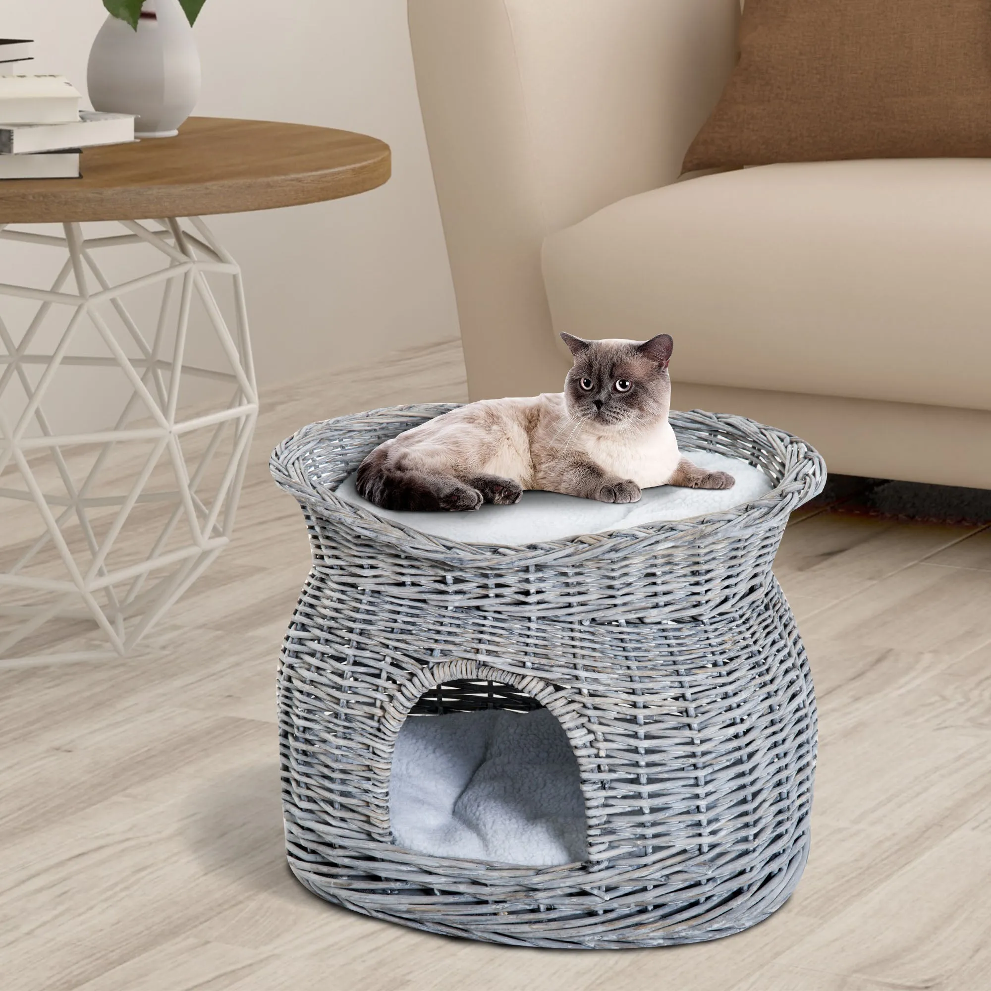 2-Tier Wicker Cat House with Washable Cushions, 56L cm - Grey
