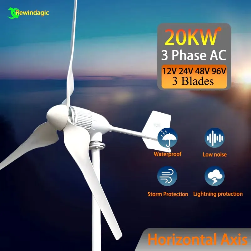 20000W Windmill Turbine 12V 24V 48V Generators Low Start Speed Free Alternative Energy 3Blades with Wind MPPT Hybrid Controller