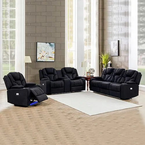3 2 1 Seater Electric Recliner Stylish Rhino Fabric Black Lounge Armchair with LED Features