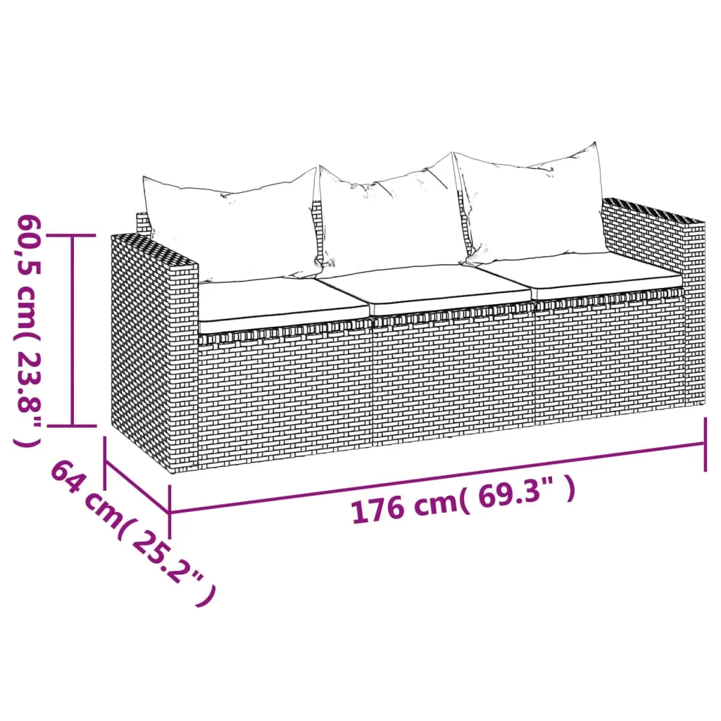 3 Seat Patio Sofa Outdoor Conversation Sofa with Cushions Poly Rattan
