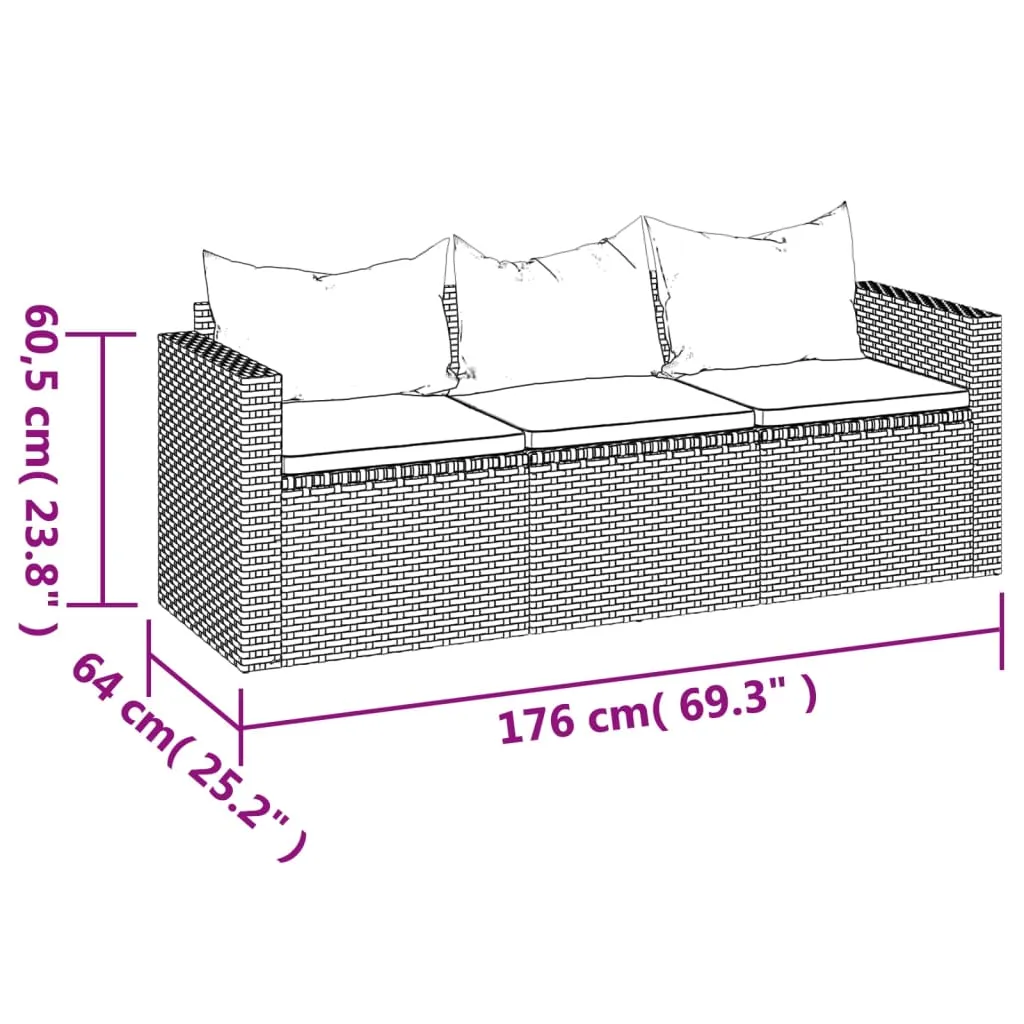3 Seat Patio Sofa Outdoor Conversation Sofa with Cushions Poly Rattan