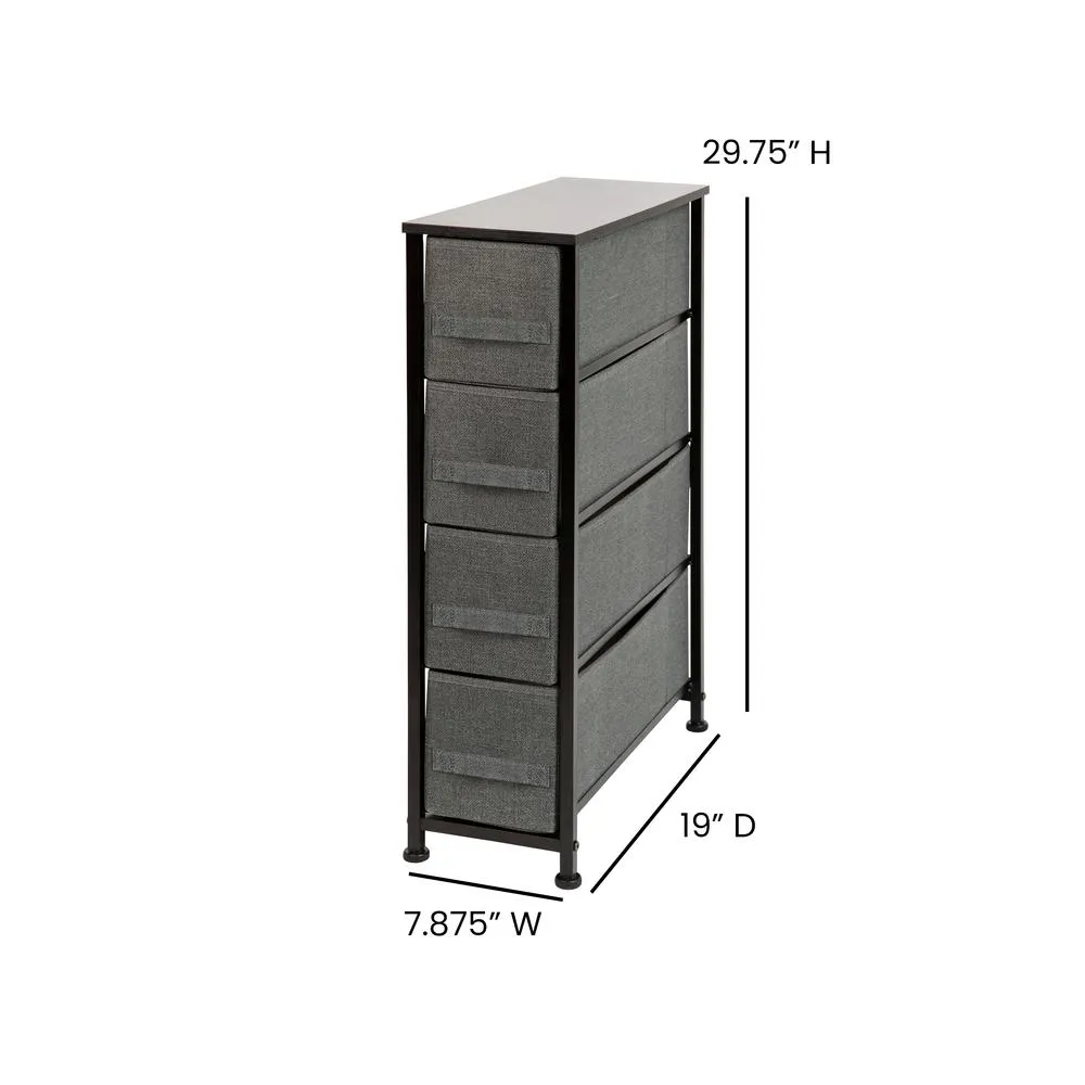 4 Drawer Slim Wood Top Black Cast Iron Frame Vertical Storage Dresser With Dark Gray Easy Pull Fabric Drawers By Flash Furniture