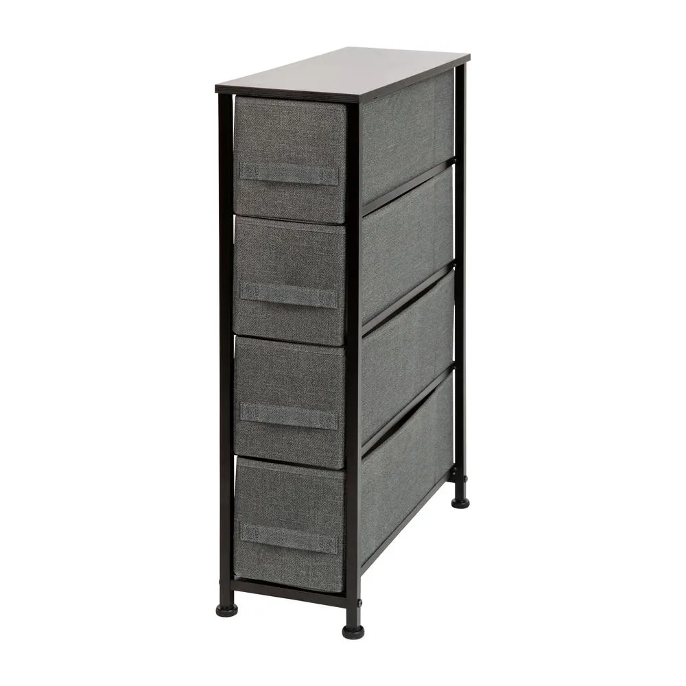 4 Drawer Slim Wood Top Black Cast Iron Frame Vertical Storage Dresser With Dark Gray Easy Pull Fabric Drawers By Flash Furniture