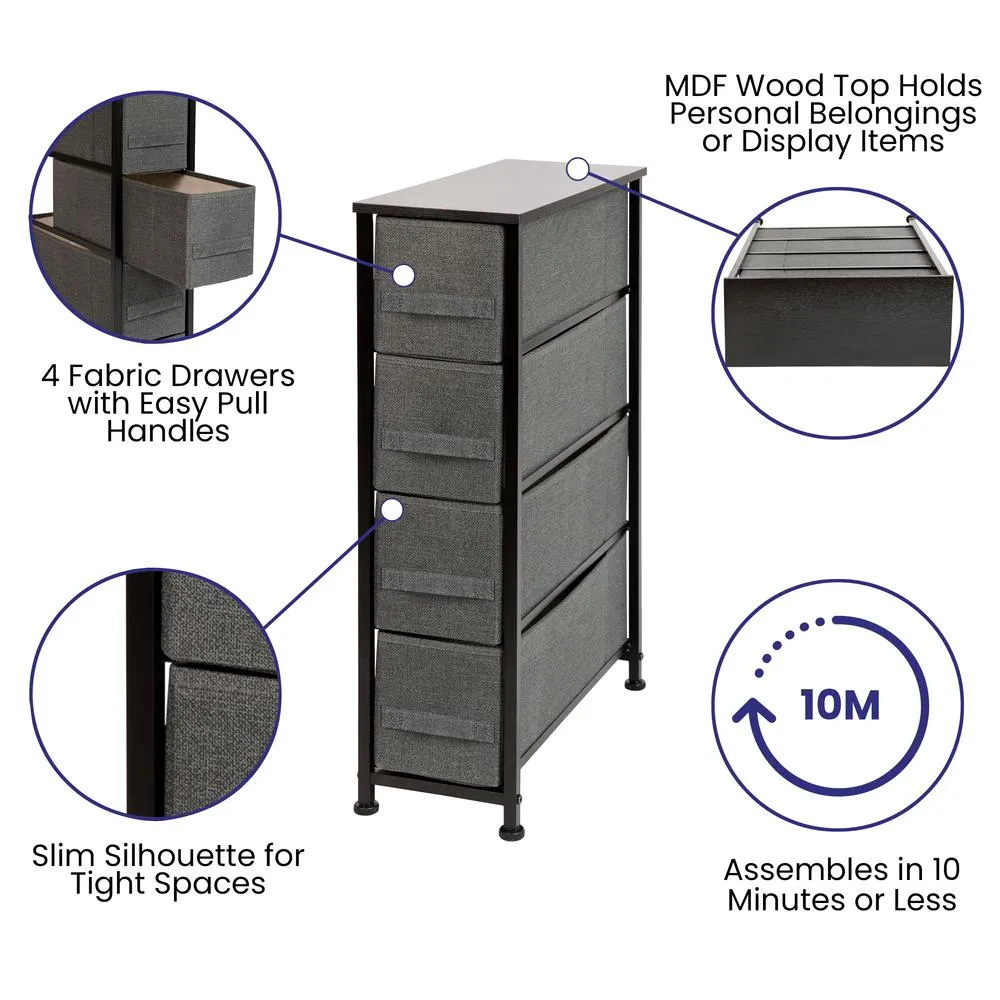 4 Drawer Slim Wood Top Black Cast Iron Frame Vertical Storage Dresser With Dark Gray Easy Pull Fabric Drawers By Flash Furniture