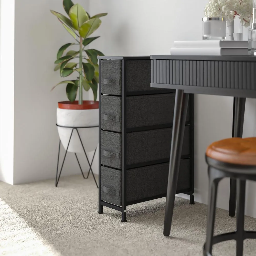 4 Drawer Slim Wood Top Black Cast Iron Frame Vertical Storage Dresser With Dark Gray Easy Pull Fabric Drawers By Flash Furniture