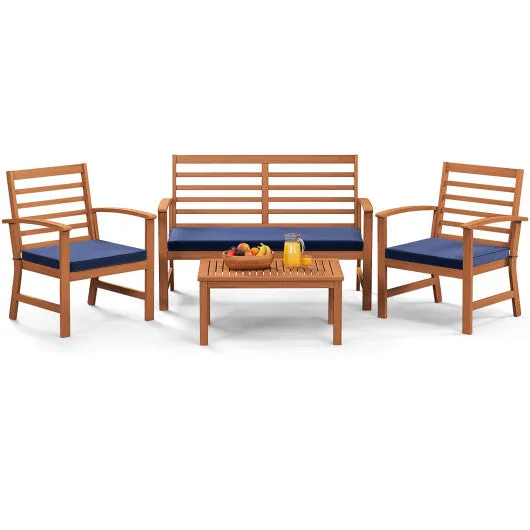 4 Pieces Outdoor Furniture Set with Stable Acacia Wood Frame-Navy
