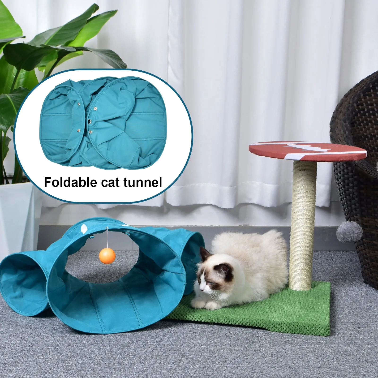 4 Ways Cat Tunnel Cat Tree with Scratching Post & Cat Ball for Kittens