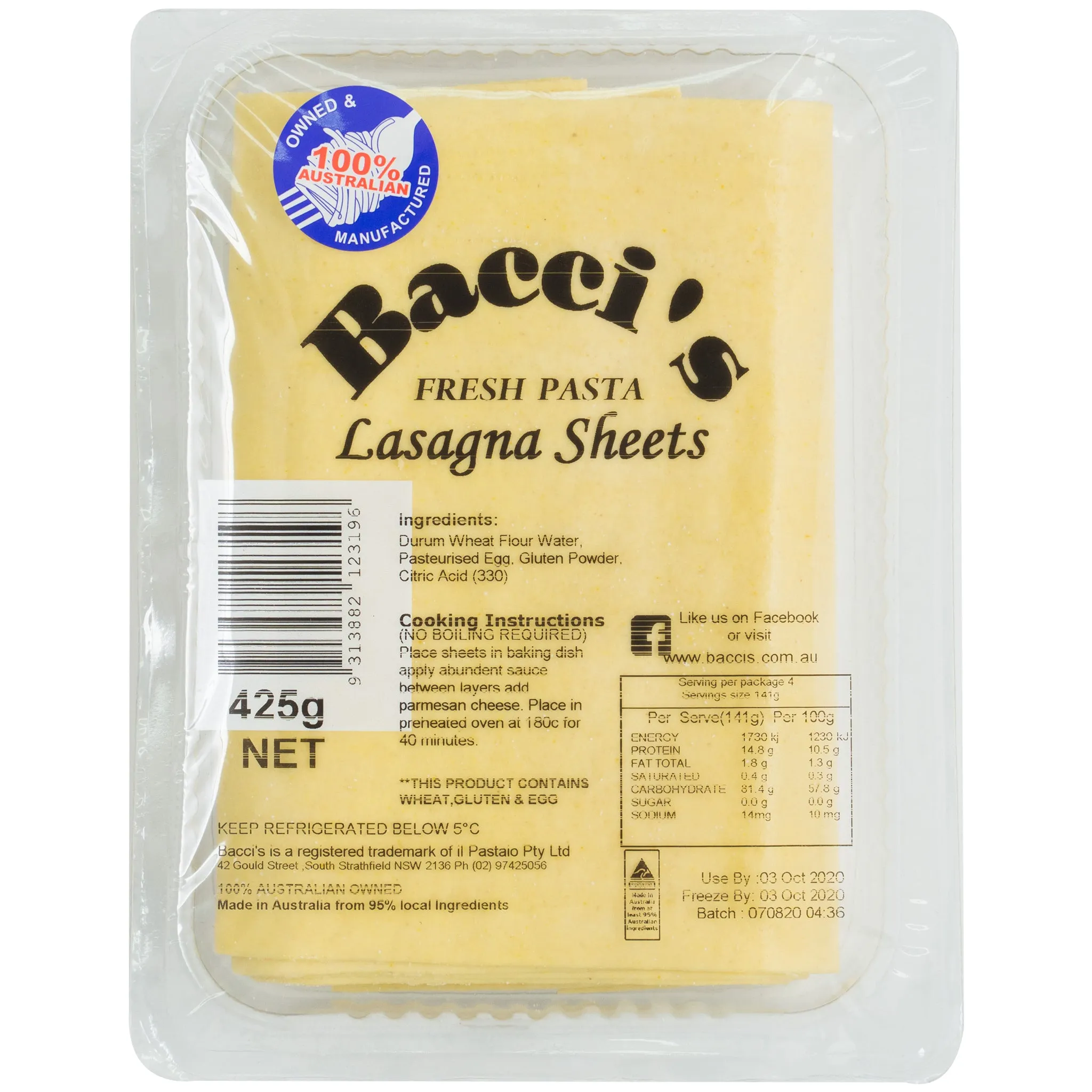 Baccis Fresh Pasta Lasagna Sheet 425g