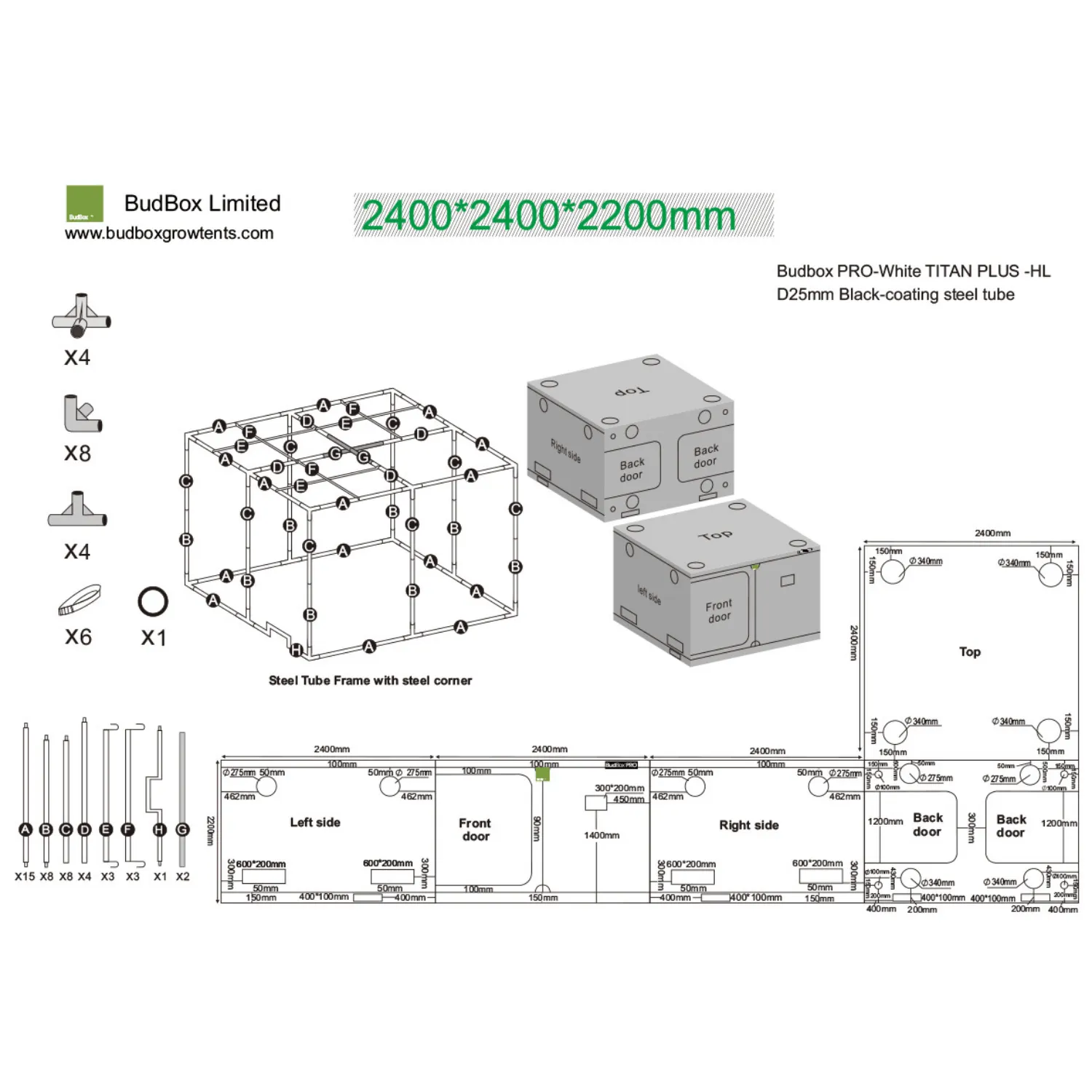 BudBox Pro Titan Plus-HL White 240x240x220cm (8'x8'x7'4")