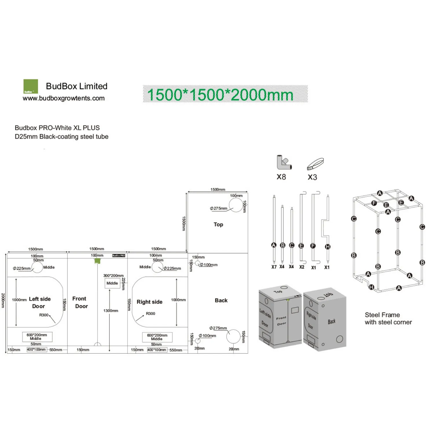 BudBox Pro XL Plus Silver 150x150x200cm (5'x5'x6'6")