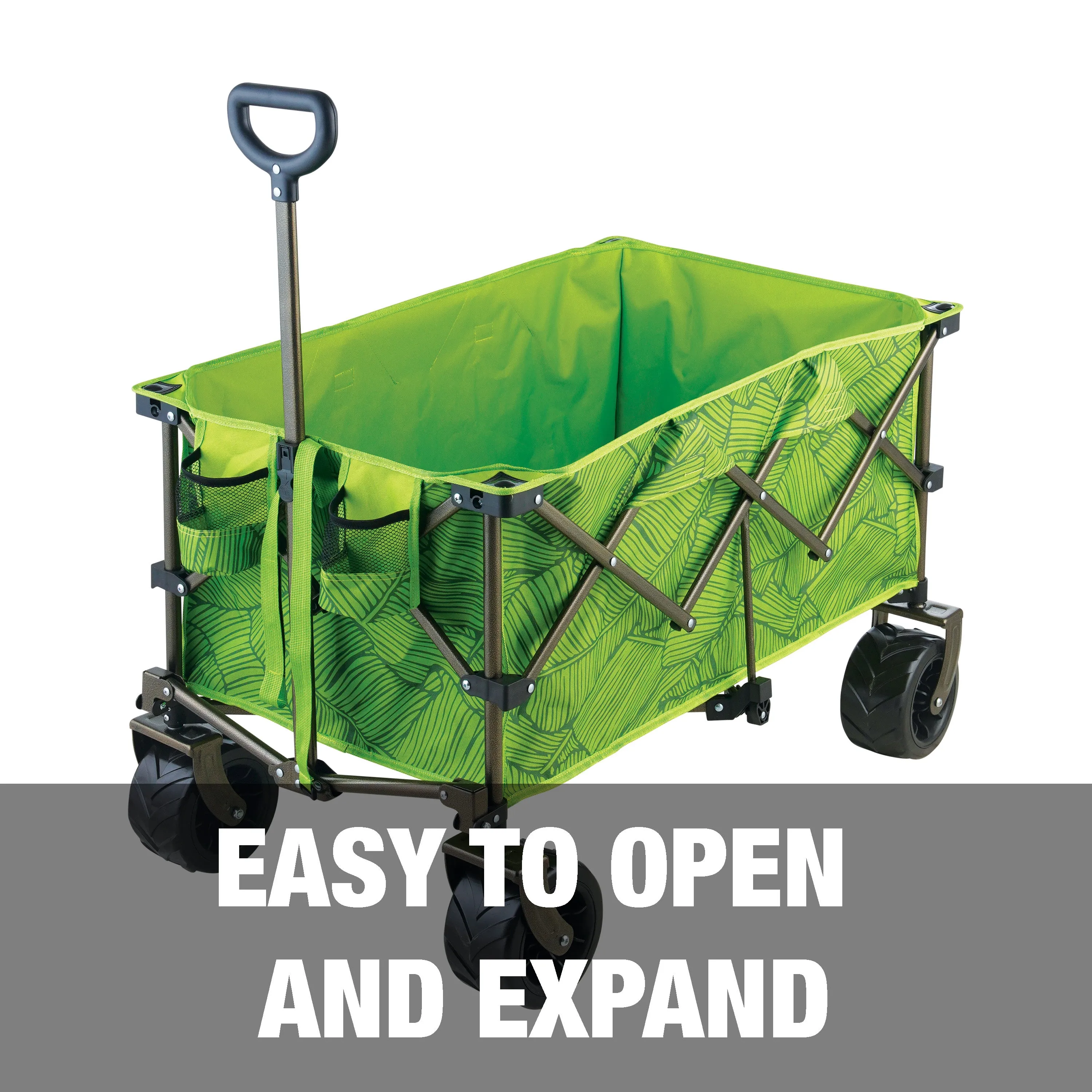 Collapsible Garden Cart/Beach Wagon w/ Storage Bag | 36-in. x 22-in. | Tool/Beverage Holders & Wheels | Waterproof | 175 Lb. Capacity