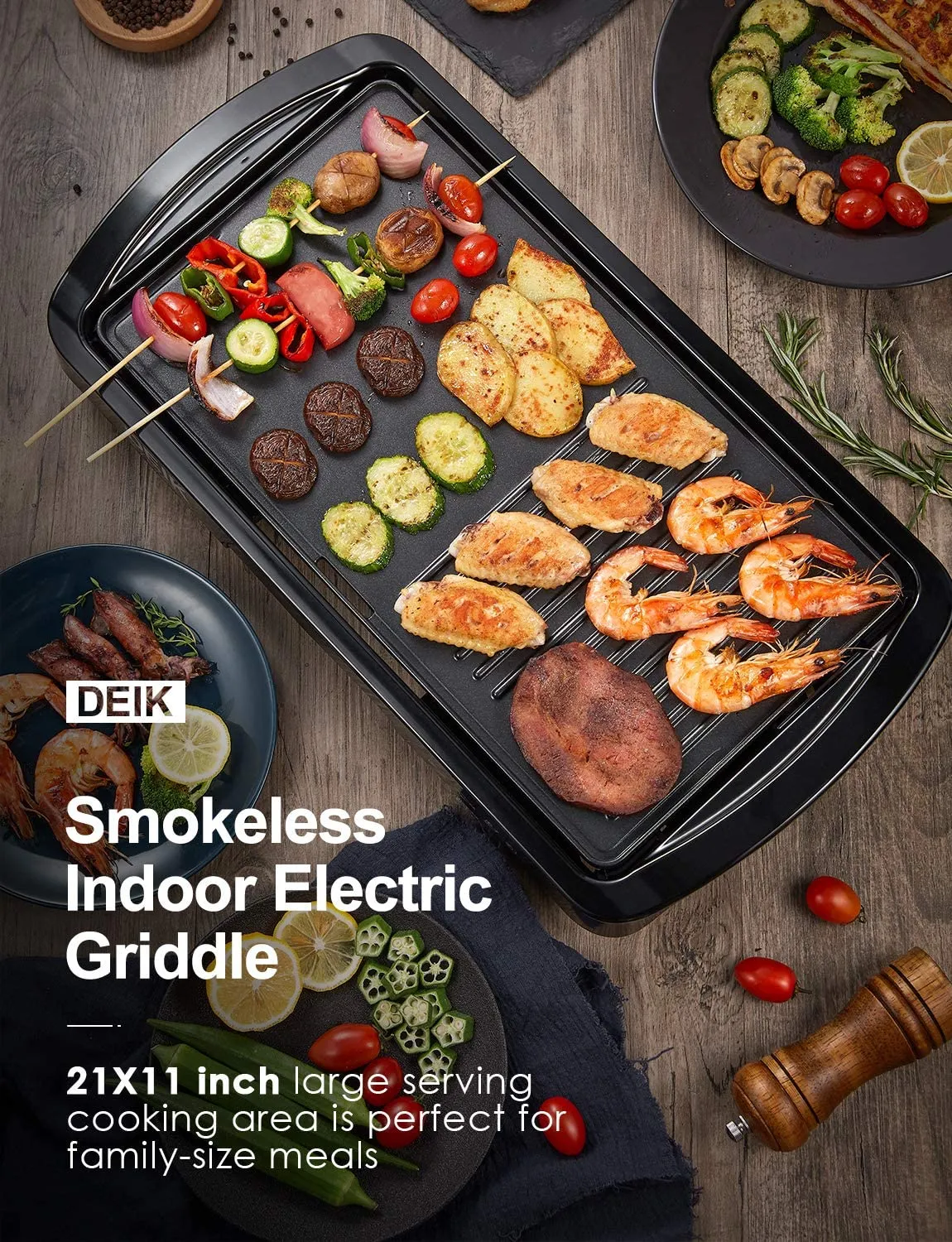 DEIK Electric Griddle, 1600W Nonstick Pancake Griddle, Smokeless Coated Griddle Pan with 5-Level Control with Adjustable Temperature & Oil Drip Tray, 11" x 21", Family Sized, Black