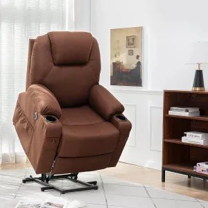 Electric Power Recliner Lift Chair Fabric Electric Recliner for Elderly, Heated Vibration Massage Sofa with Side Pockets, USB Charge Port & Remote Control(Coffee)