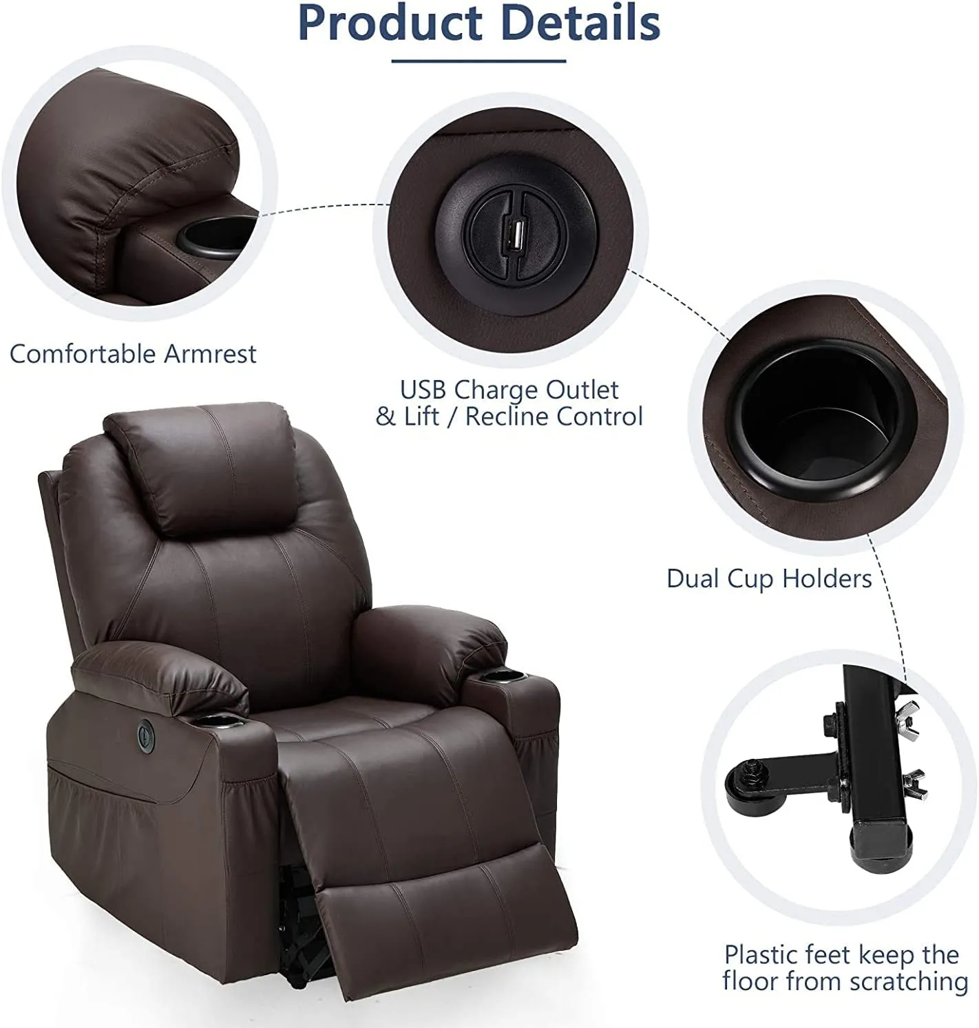 Electric Power Recliner Lift Chair Faux Leather Electric Recliner for Elderly, Heated Vibration Massage Sofa with Side Pockets, USB Charge Port & Remote Control, Dark Brown