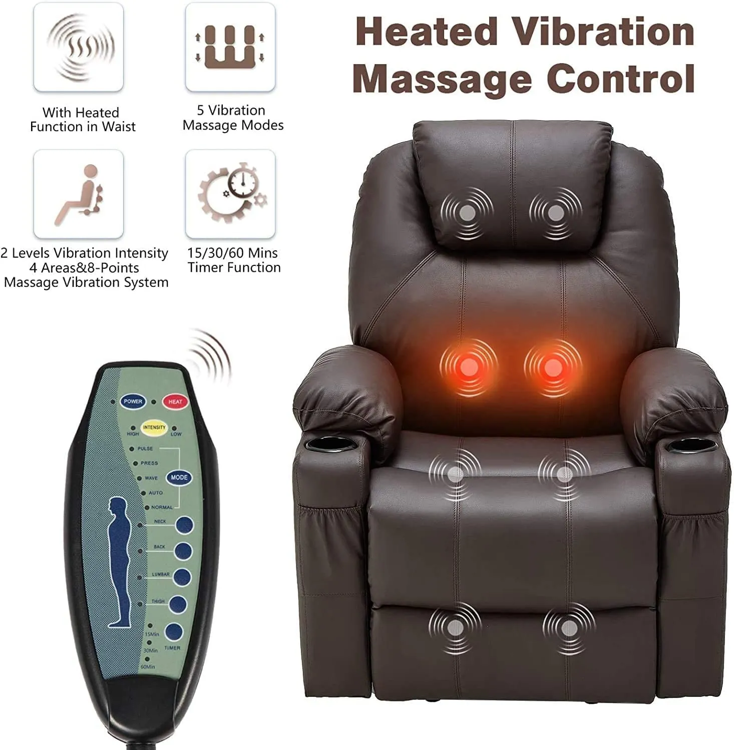 Electric Power Recliner Lift Chair Faux Leather Electric Recliner for Elderly, Heated Vibration Massage Sofa with Side Pockets, USB Charge Port & Remote Control, Dark Brown