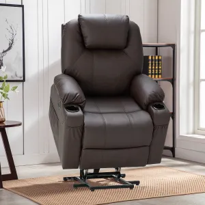Electric Power Recliner Lift Chair Faux Leather Electric Recliner for Elderly, Heated Vibration Massage Sofa with Side Pockets, USB Charge Port & Remote Control, Dark Brown
