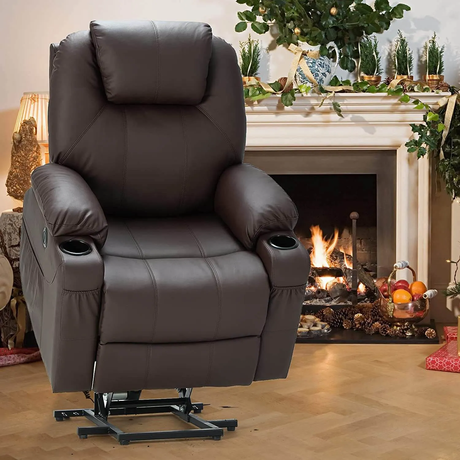Electric Power Recliner Lift Chair Faux Leather Electric Recliner for Elderly, Heated Vibration Massage Sofa with Side Pockets, USB Charge Port & Remote Control, Dark Brown