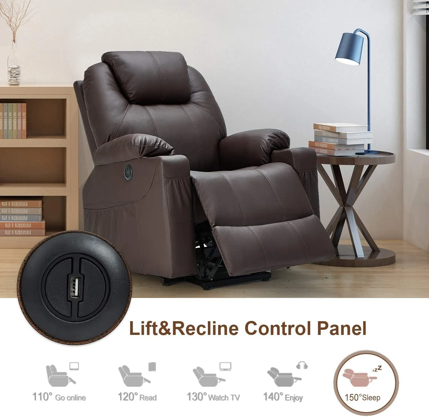 Electric Power Recliner Lift Chair Faux Leather Electric Recliner for Elderly, Heated Vibration Massage Sofa with Side Pockets, USB Charge Port & Remote Control, Dark Brown