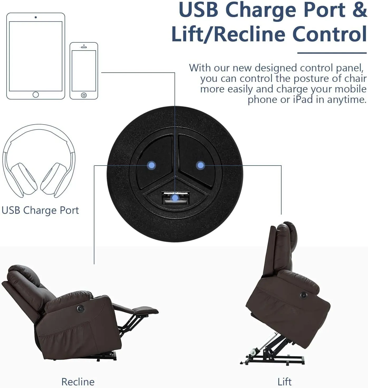 Electric Power Recliner Lift Chair Faux Leather Electric Recliner for Elderly, Heated Vibration Massage Sofa with Side Pockets, USB Charge Port & Remote Control, Dark Brown