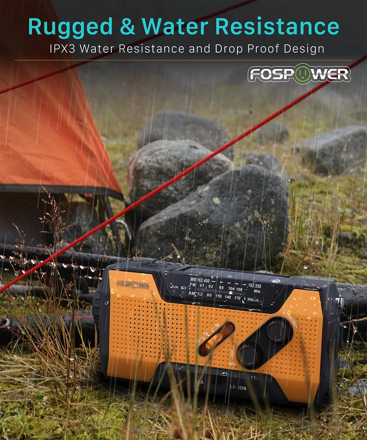 FosPower Emergency Solar Hand Crank Portable Radio, NOAA Weather Radio for Household and Outdoor Emergency with AM/FM, LED Flashlight, Reading Lamp, 2000mAh Power Bank USB Charger and SOS Alarm