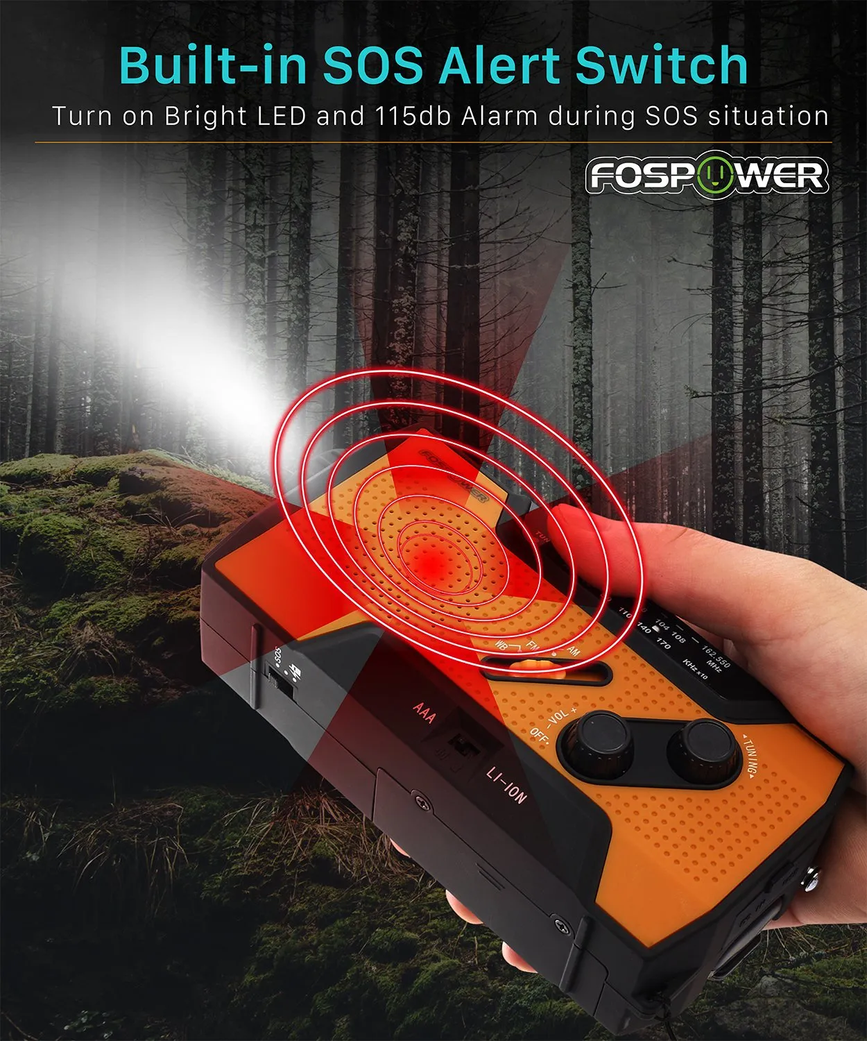 FosPower Emergency Solar Hand Crank Portable Radio, NOAA Weather Radio for Household and Outdoor Emergency with AM/FM, LED Flashlight, Reading Lamp, 2000mAh Power Bank USB Charger and SOS Alarm