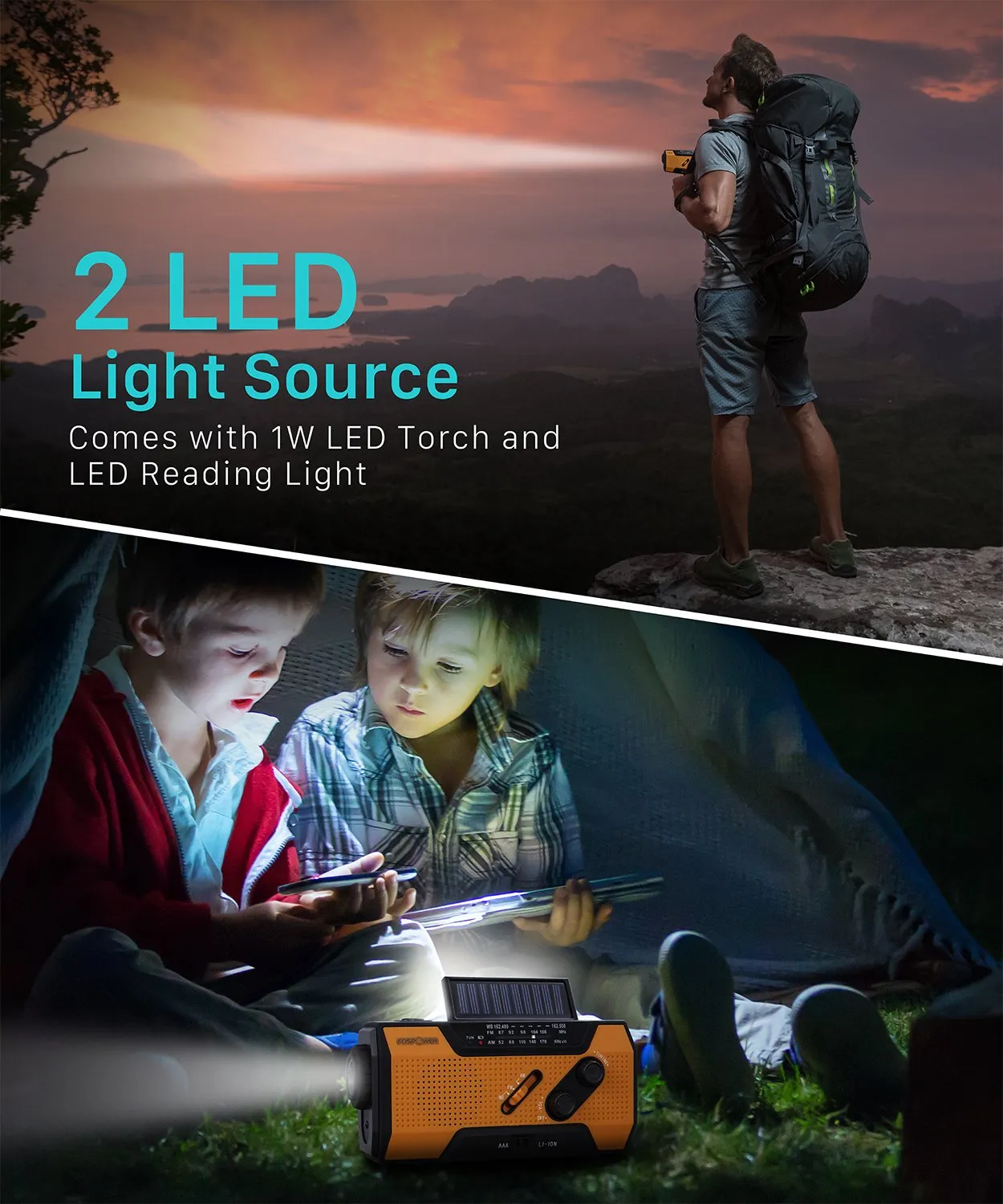 FosPower Emergency Solar Hand Crank Portable Radio, NOAA Weather Radio for Household and Outdoor Emergency with AM/FM, LED Flashlight, Reading Lamp, 2000mAh Power Bank USB Charger and SOS Alarm