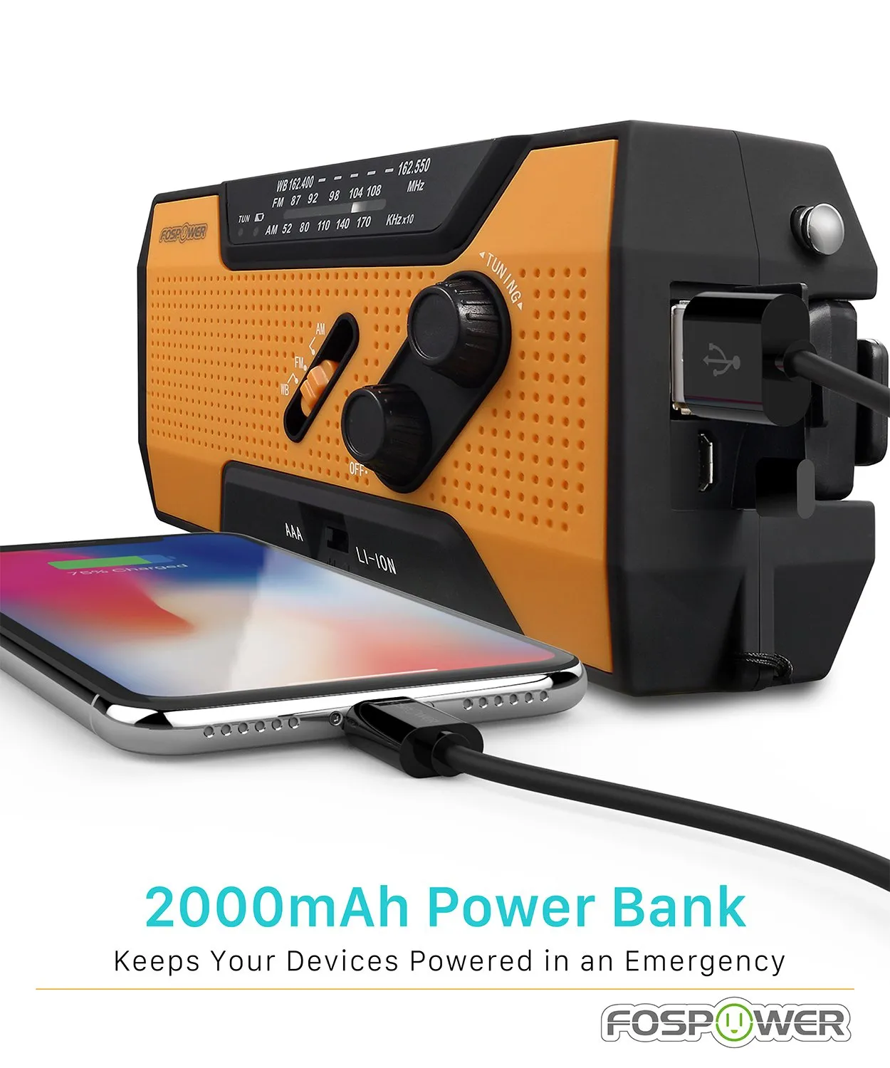 FosPower Emergency Solar Hand Crank Portable Radio, NOAA Weather Radio for Household and Outdoor Emergency with AM/FM, LED Flashlight, Reading Lamp, 2000mAh Power Bank USB Charger and SOS Alarm