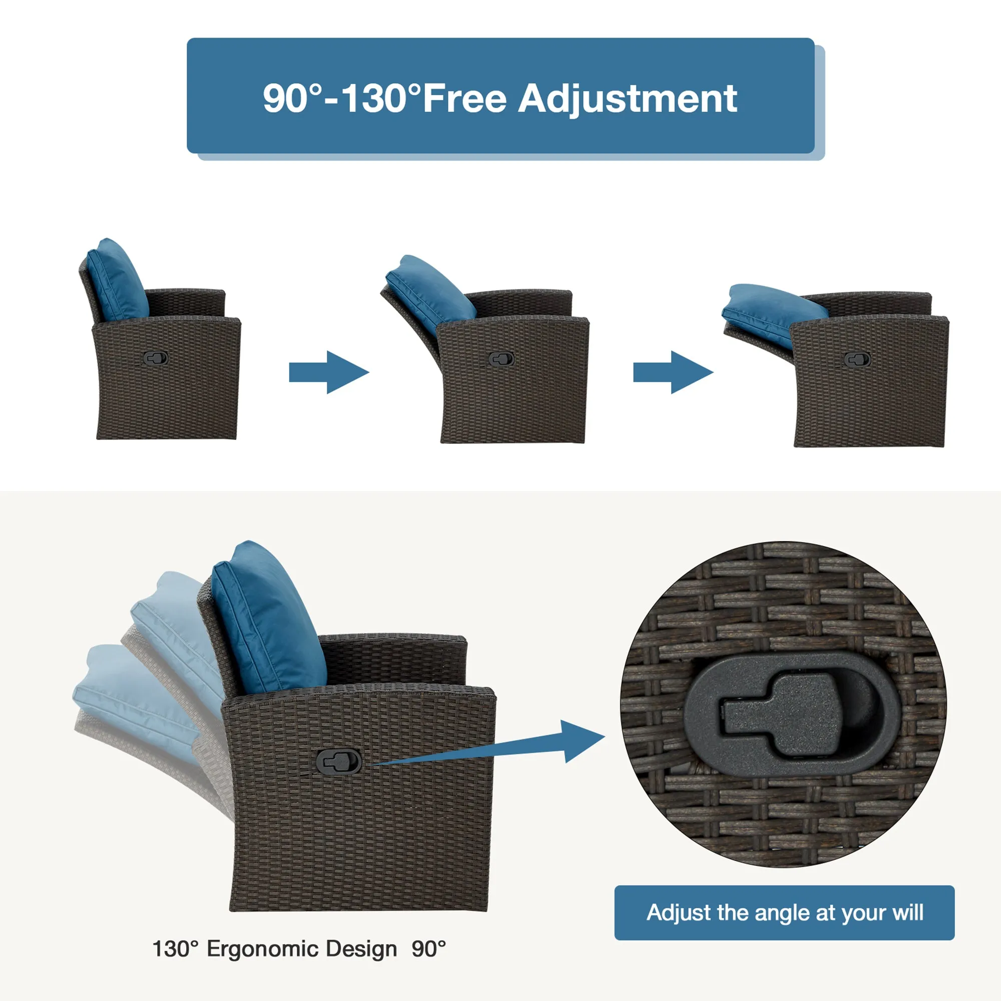 Homrest 6 Pcs Patio Furniture Set with 2 Recliners, Storage Table, Blue