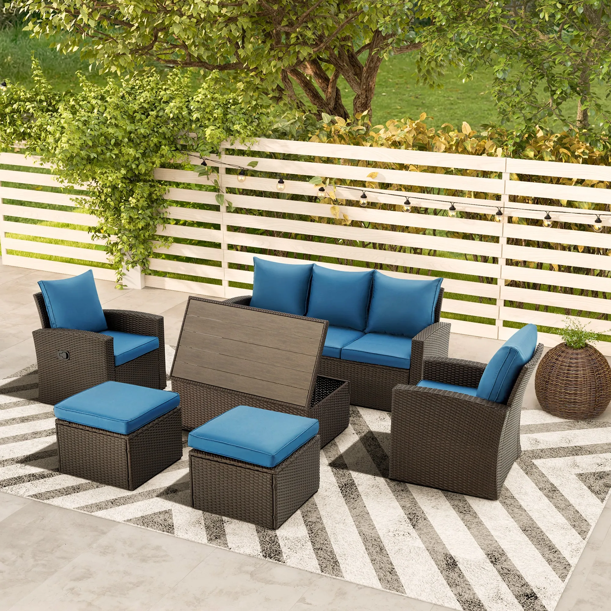 Homrest 6 Pcs Patio Furniture Set with 2 Recliners, Storage Table, Blue