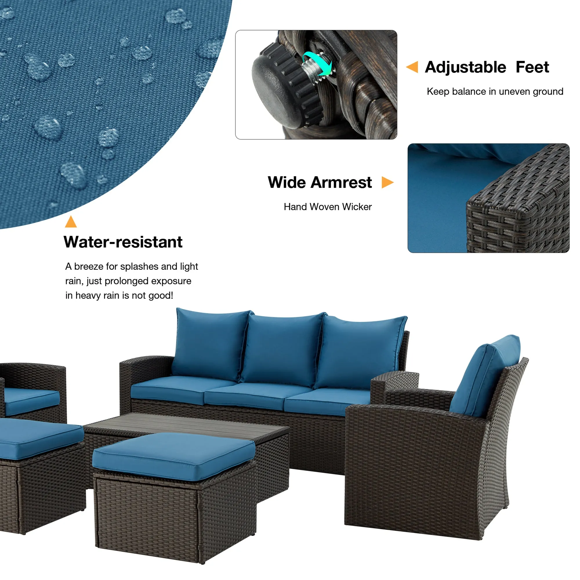 Homrest 6 Pcs Patio Furniture Set with 2 Recliners, Storage Table, Blue