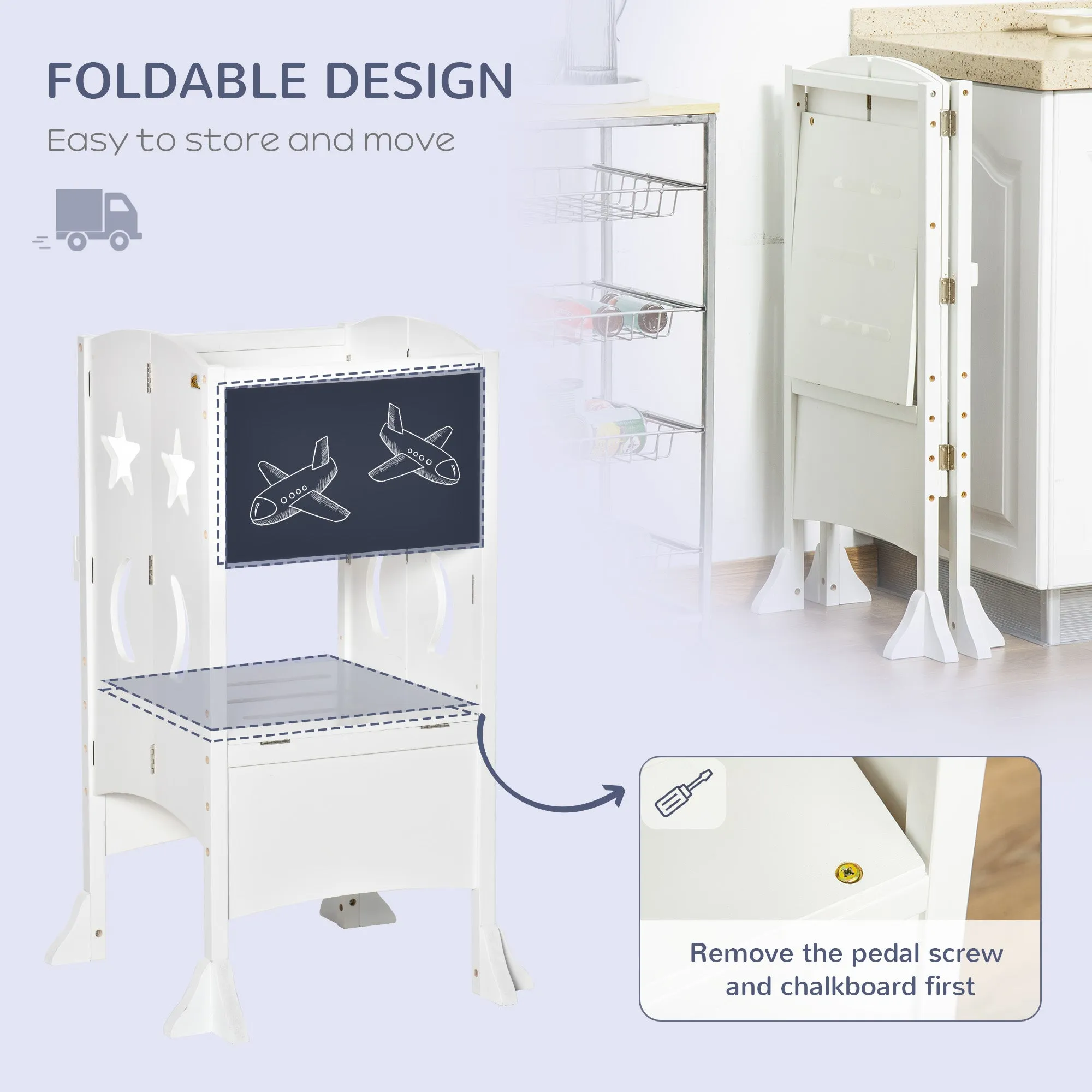 Kids Step Stool Toddler Kitchen Stool with Blackboard Lockable Handrail