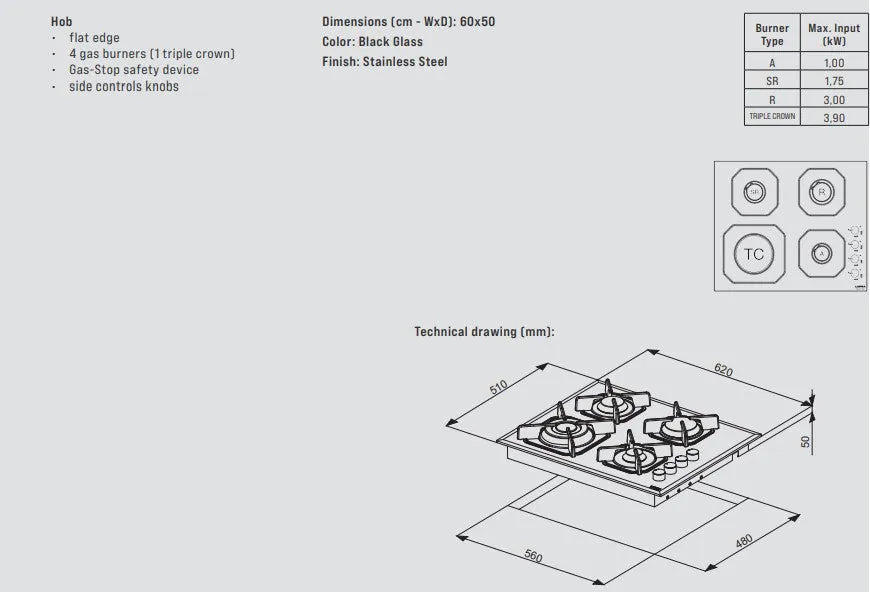 Lofra Mercurio 60 HGB6G0 White Glass Side Control Knobs 4 Burner Gas Hob