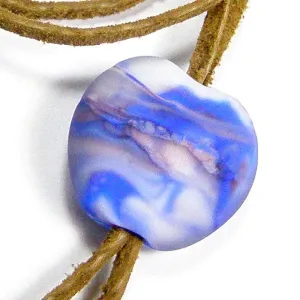 Misty Pink Blue White Lampwork Necklace, Adjustable Tan Leather Lace Cord