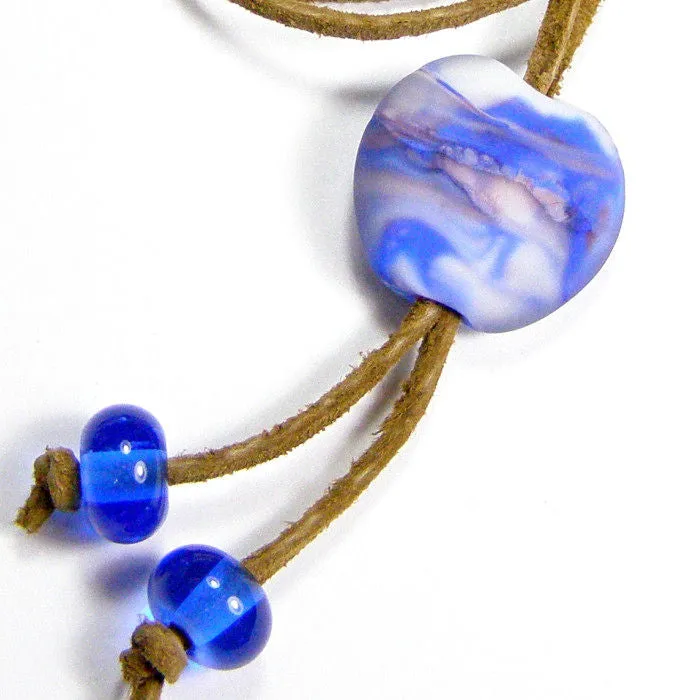 Misty Pink Blue White Lampwork Necklace, Adjustable Tan Leather Lace Cord