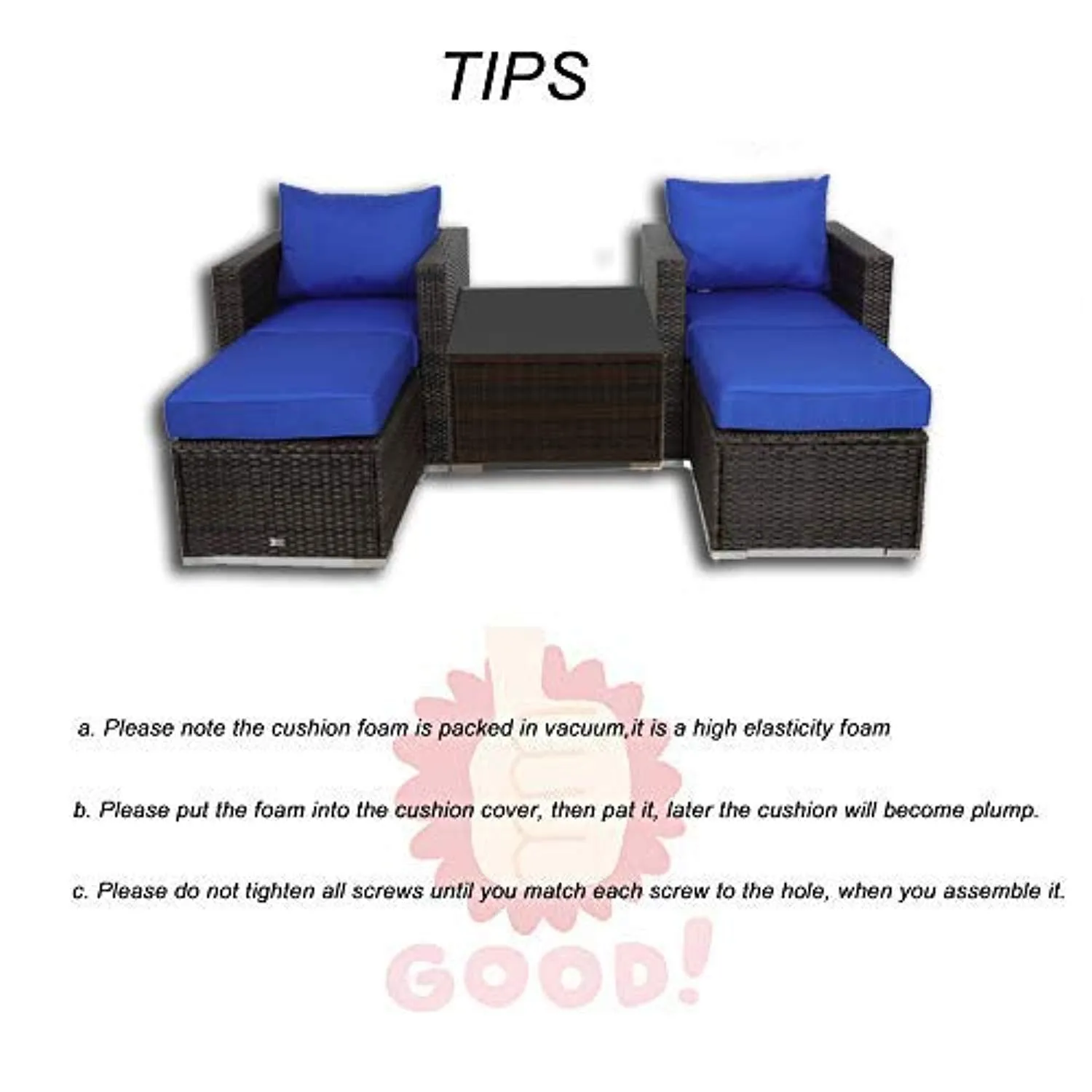 Patio Furniture Sofa 5pcs Brown Rattan Wicker Couch Set Garden Sectional Home Furniture w/Coffee Table Royal Blue Cushion