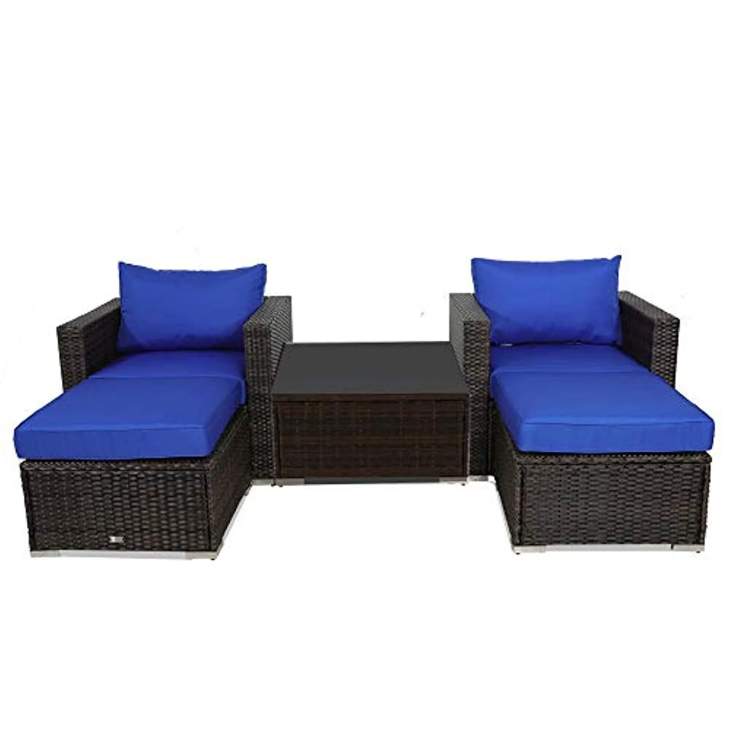 Patio Furniture Sofa 5pcs Brown Rattan Wicker Couch Set Garden Sectional Home Furniture w/Coffee Table Royal Blue Cushion