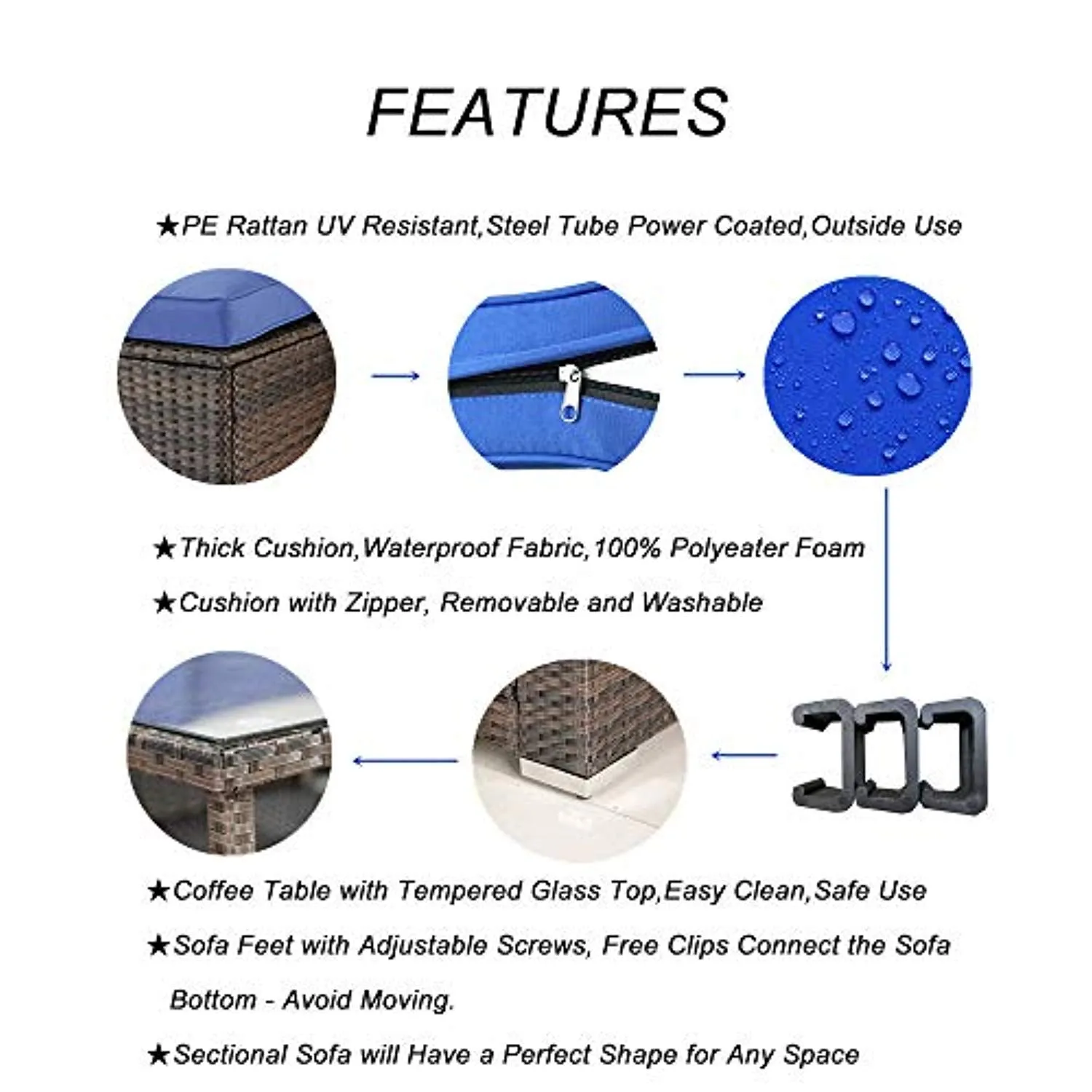 Patio Furniture Sofa 5pcs Brown Rattan Wicker Couch Set Garden Sectional Home Furniture w/Coffee Table Royal Blue Cushion