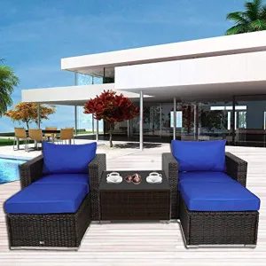 Patio Furniture Sofa 5pcs Brown Rattan Wicker Couch Set Garden Sectional Home Furniture w/Coffee Table Royal Blue Cushion
