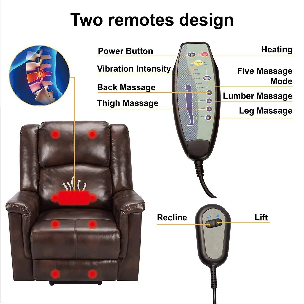 Power Lift Chair Electric Recliner for Elderly with Heat and Massage, 3 Positions, 2 Side Pockets, Faux Leather Recliners, Luxury Brown