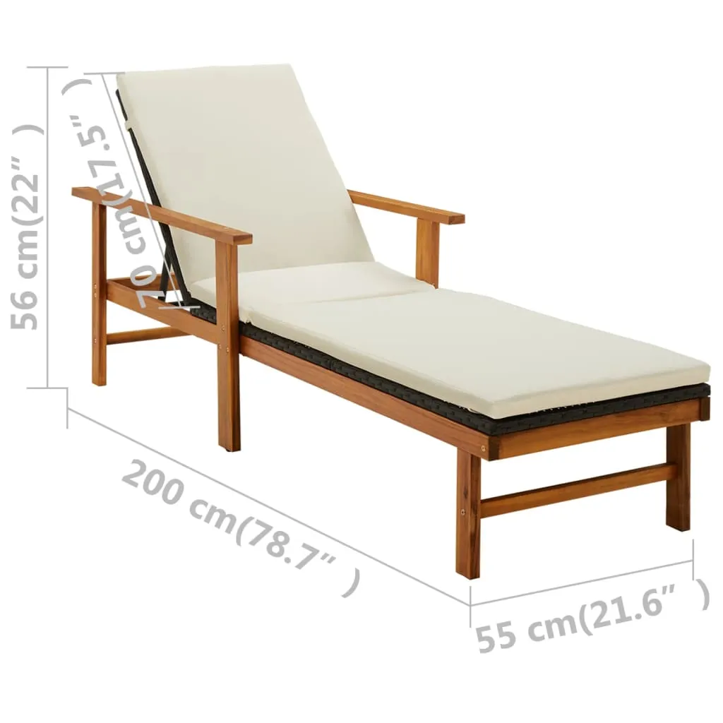 Sun Lounger with Cushion Poly Rattan & Solid Acacia Wood Black