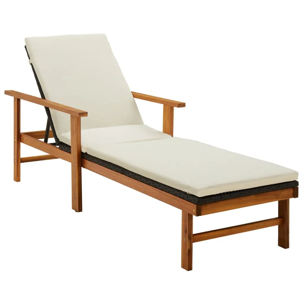 Sun Lounger with Cushion Poly Rattan & Solid Acacia Wood Black