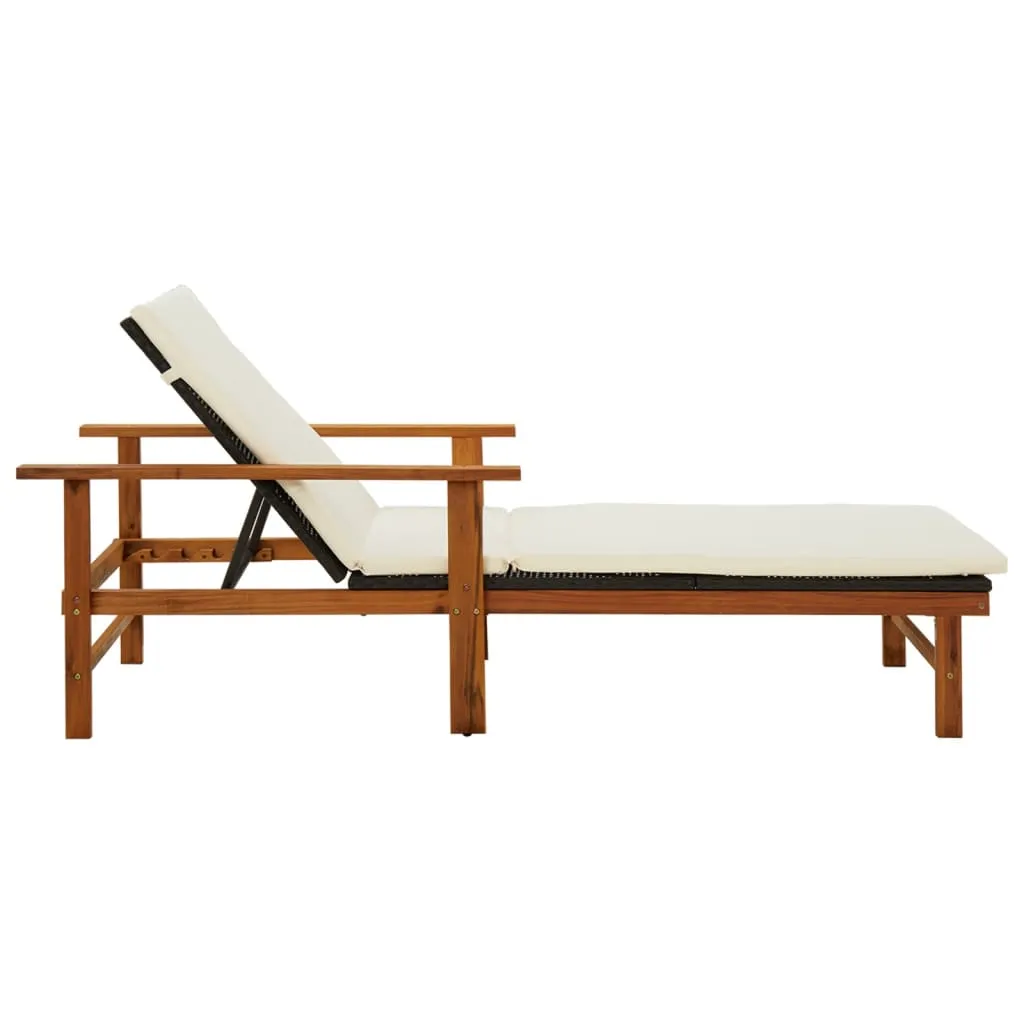 Sun Lounger with Cushion Poly Rattan & Solid Acacia Wood Black