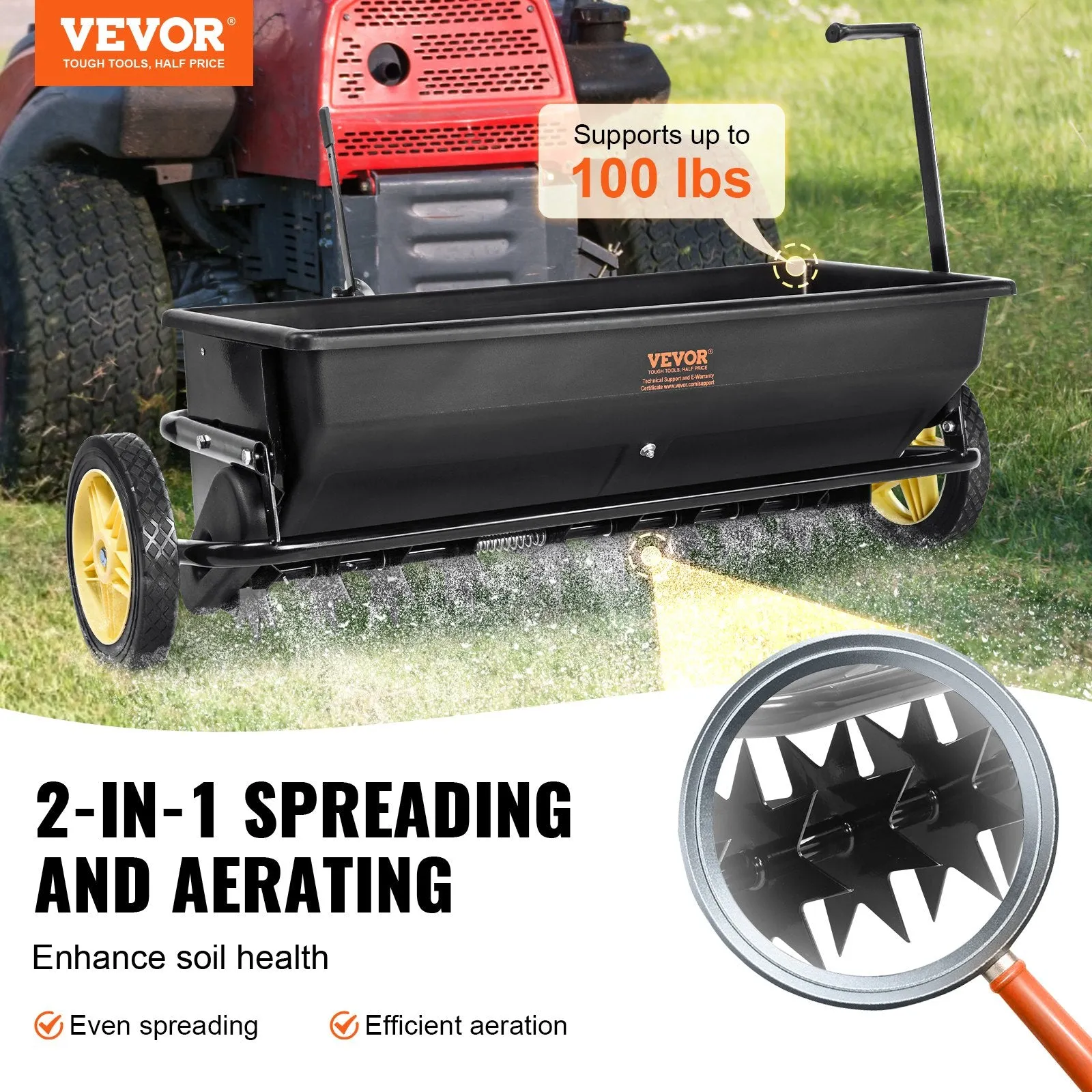 Vevor Broadcast Tow Behind Spreader 100 lbs Capacity with 10" Wheels Black New